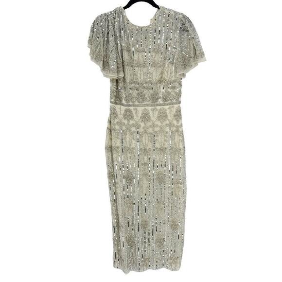 Mac Duggal Embellished Sequined Knee-Length Dress Nude Silver Size 6 NWT - Picture 7 of 12